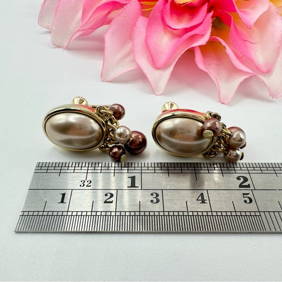 Vintage Champagne Brown Faux Pearl Cabochon Cha Cha Clip On Earrings Classy Chic - Picture 6 of 8